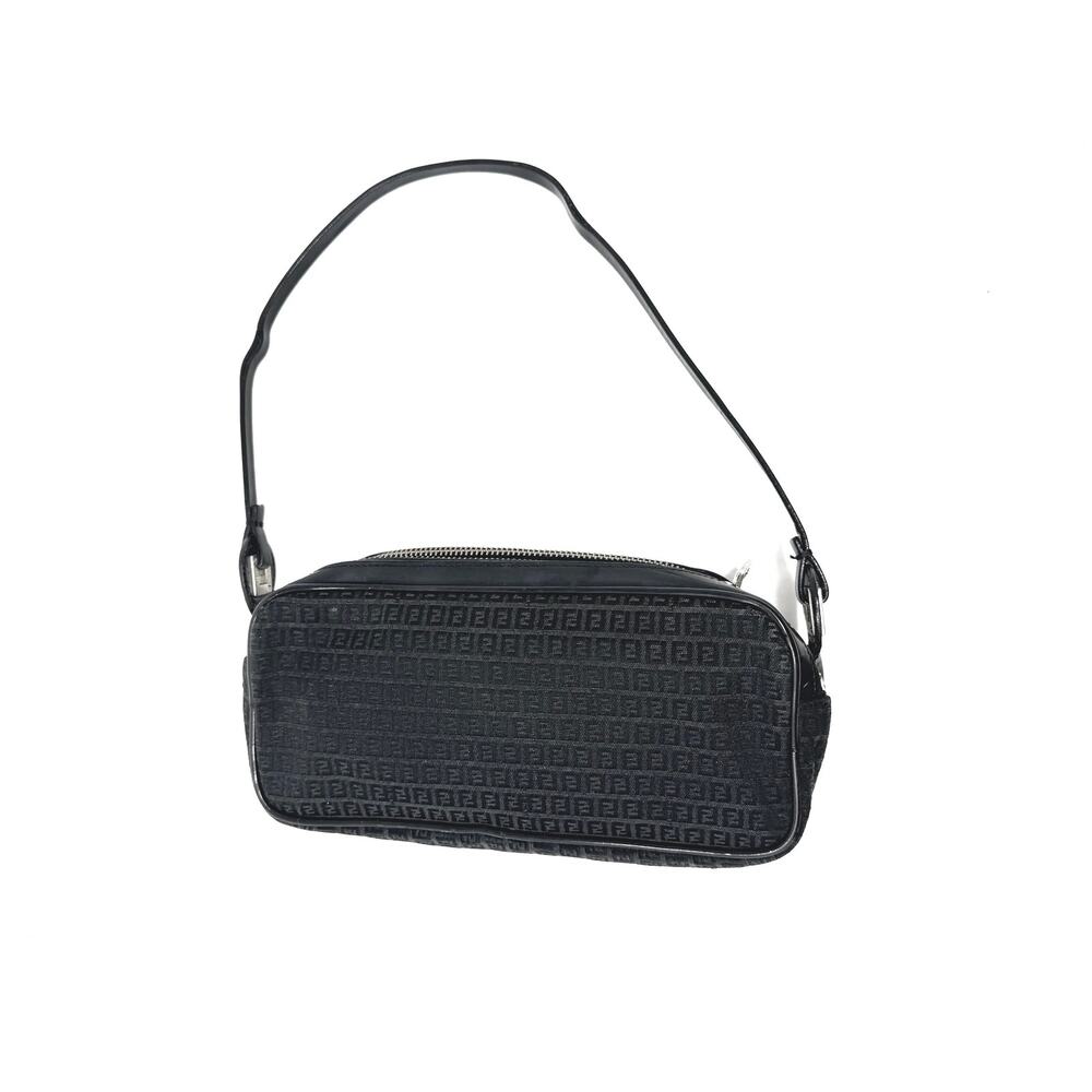 Fendi Zucca FF Monogram Shoulder Bag Black Canvas Baguette Double Zip Crossbody